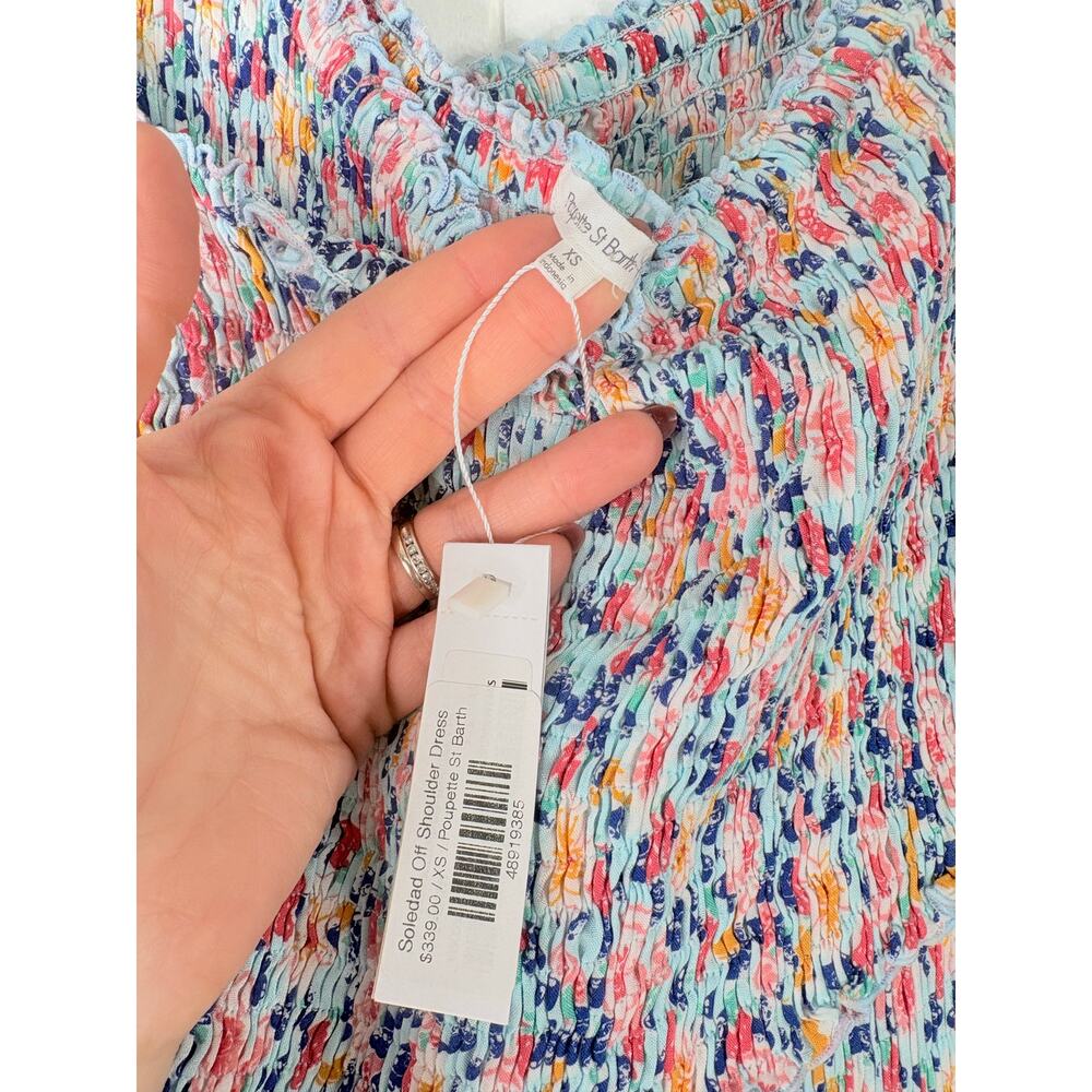 NWT Poupette St Barth Soledad Smocked Off Shoulder Maxi Dress XS Blue Spring - Picture 7 of 7